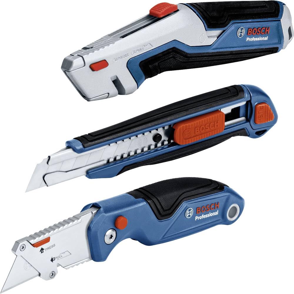 Bosch Professional three-part knife set (incl. utility knife with retractable blade and replacement knife blades in handle, cutter knife, folding