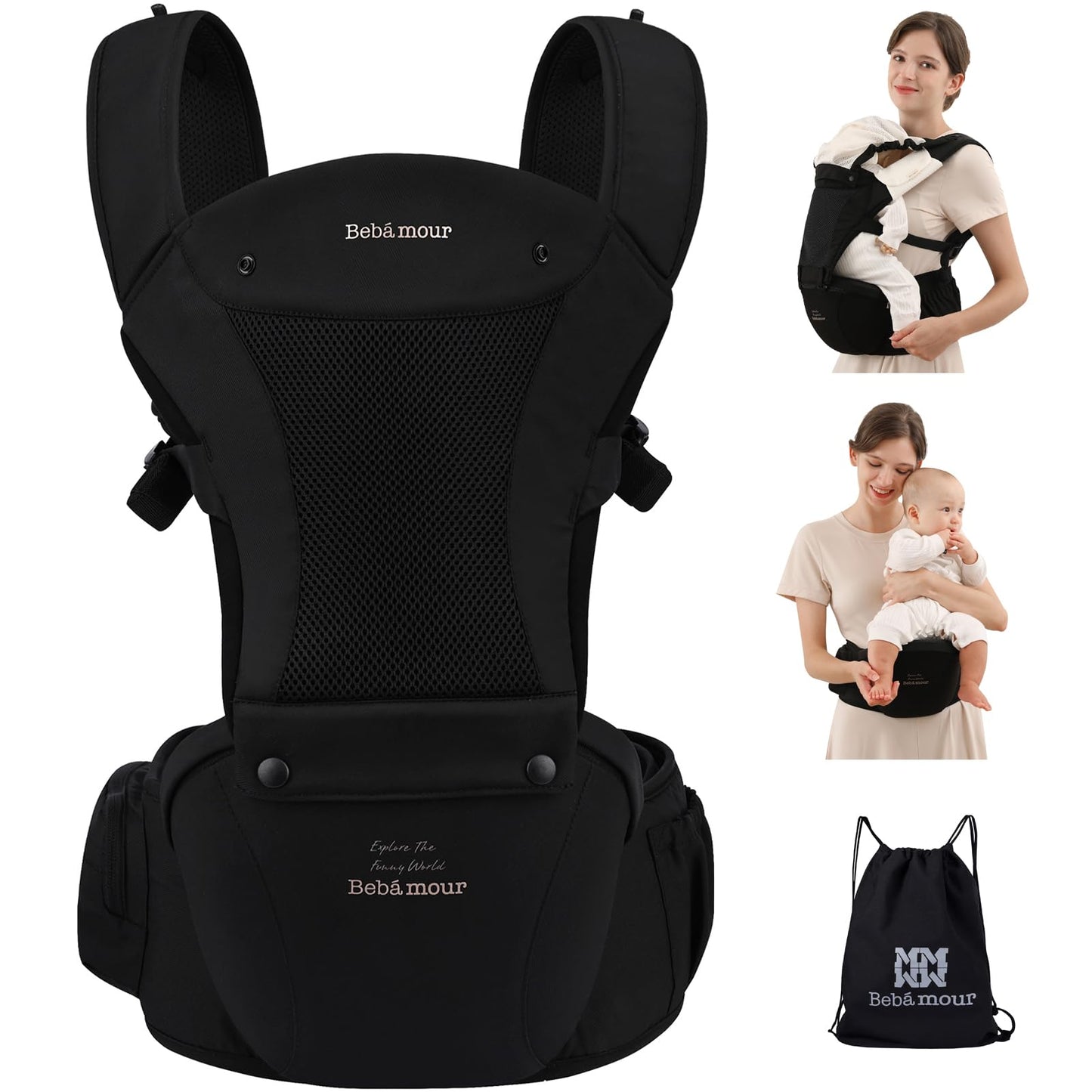 Bebamour Baby Carrier Newborn to Toddler Baby Carrier Hipseat 0-36Months with Head Hood, 3 PCS Teething Pads, Waist Extender, Black