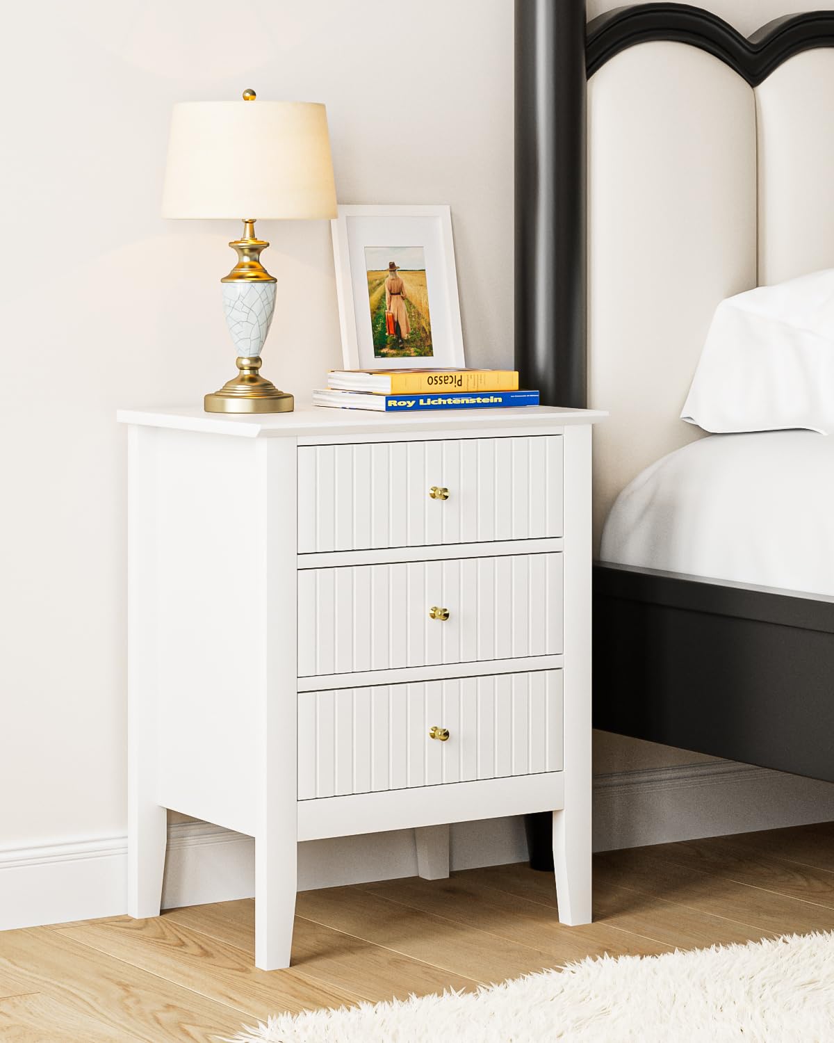 HEYZOEY Bedside Cabinet with 3 Drawers, Wooden Bedside Table, Modern Side Table for Bedroom or Living Room (White, 45 ? 35 ? 61.5 cm)