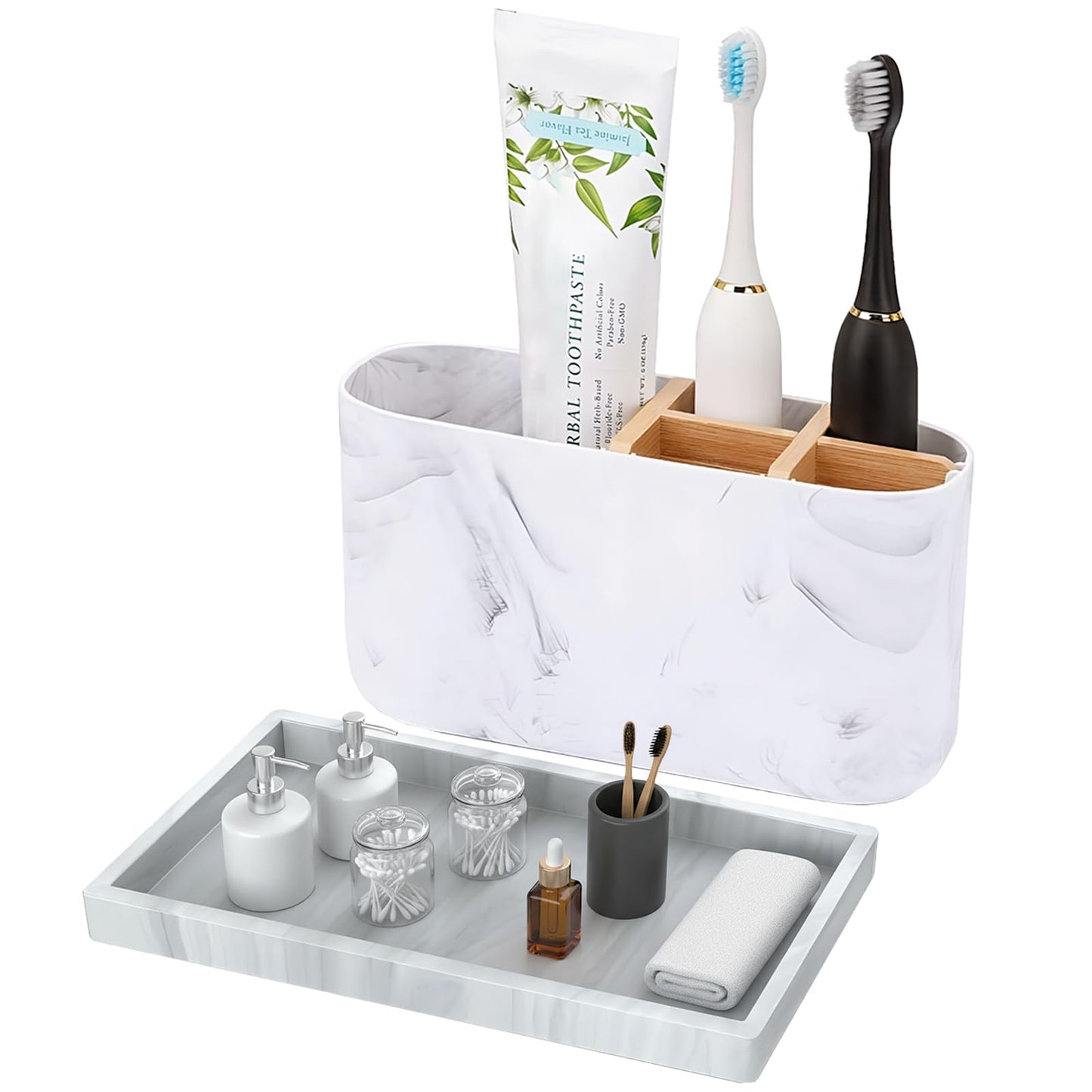 Toothbrush Holder, Electric Tooth Brush Holder Set with Silicone Tray, 5 Slots Toothbrush and Toothpaste Holders for Bathroom Kitchen Storage