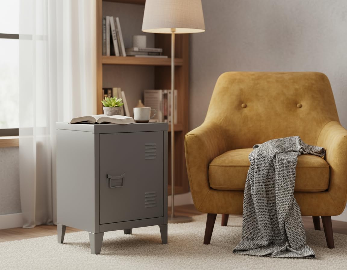 Homybec Small Metal Cabinet 1-Door, Free Standing 2 Tier Shelves Bedside Nightstand Cupboard, Side Storage Organizer for Home Office Study Bedroom