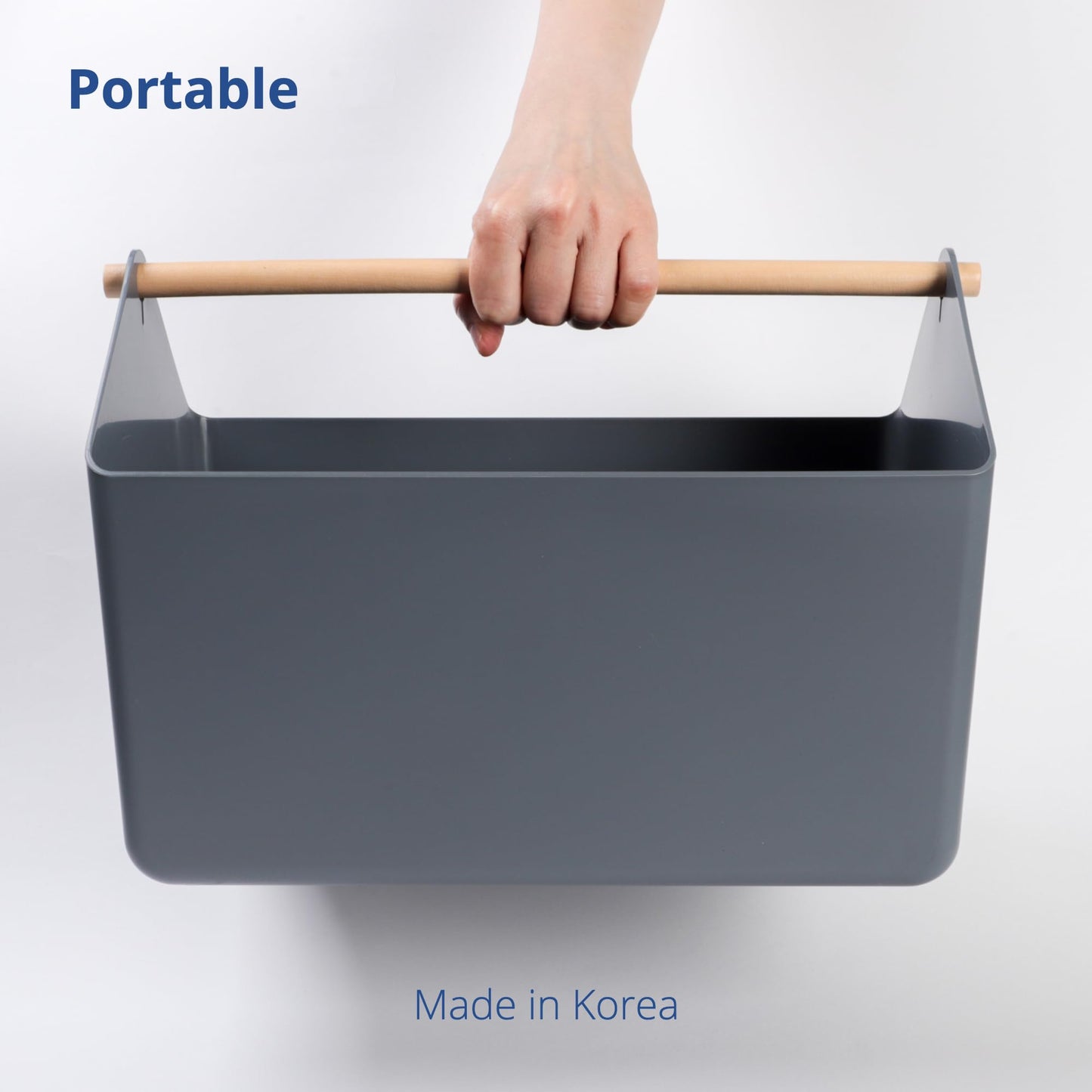 BLUE GINKGO Large Storage Basket – Plastic Caddy with Wooden Handle for Bathroom, Pantry, or Cleaning Supplies (Grey)