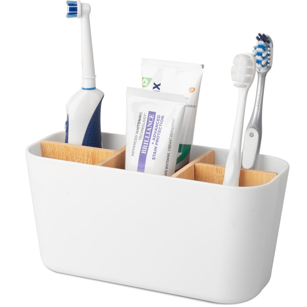 Toothbrush Holders for Bathrooms, Bamboo Tooth Brush Holder with 5 Slots Bathroom Vanity Organizer Countertop for Electric Toothbrushes, Toothpaste,