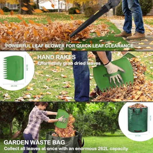 Leaf Blower Set by Bluemars - Powerful 3000W, 8m Corded Garden Blower with Garden Leaf Grabbers & Heavy Duty Garden Waste Bags with Handles (262L)