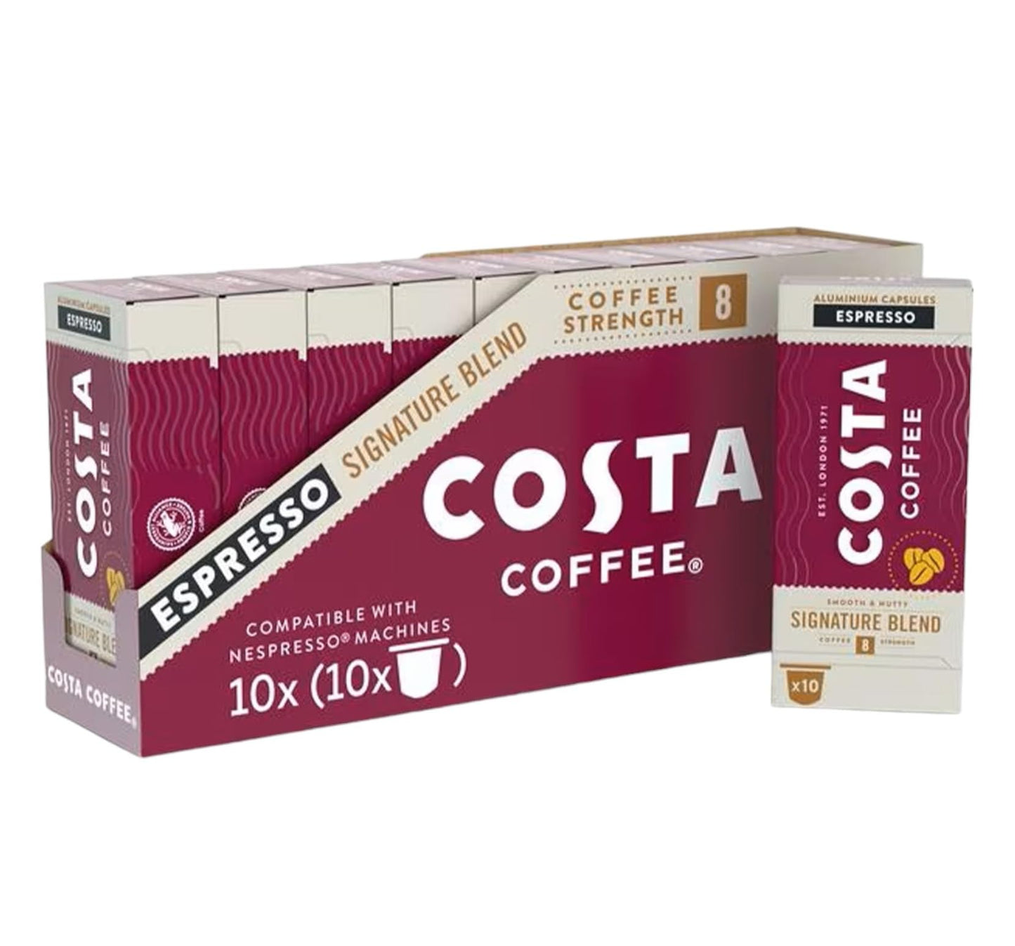 Costa Signature Blend Nespresso Compatible Aluminum Coffee Capsules (Pack of 10, Total 100 Pods)