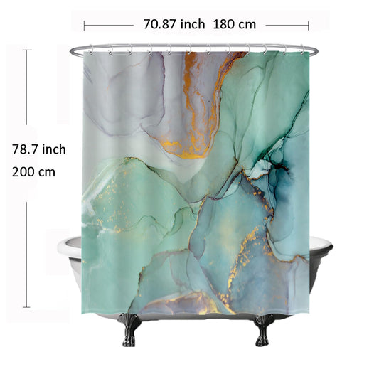 Ulticool Shower Curtain - Marble Green Blue Watercolour - 180 x 200 cm - Washable - Anti Mould - Waterproof - with 12 Rings