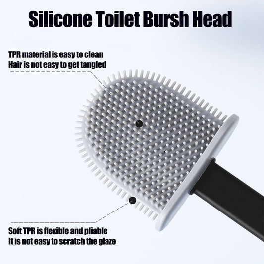 Feicuan Toilet Brush with Holder - Silicone Toilet Brush Flooring/Wall Mounted Detachable Rubber Flexible Bristles Long Plastic Handle Deep Cleaner