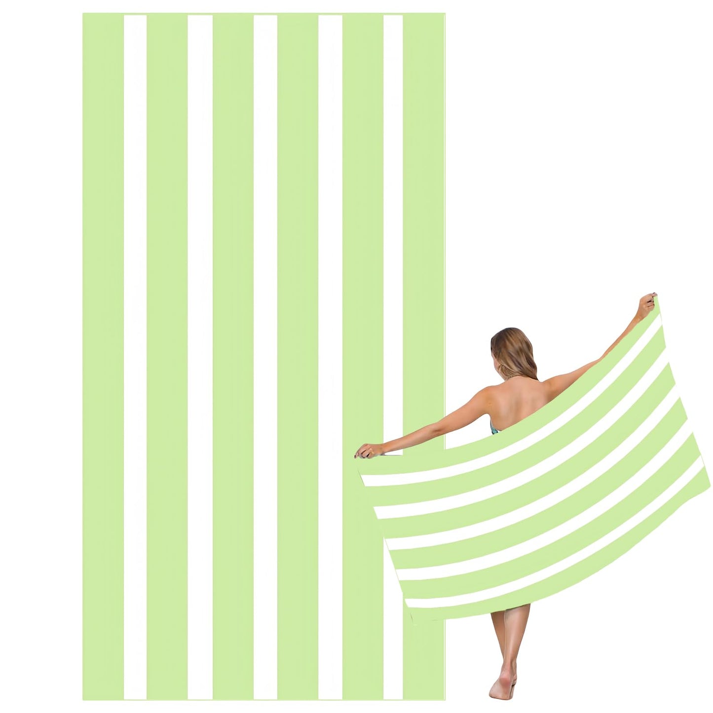 Large Quick Dry Microfibre Beach Bath Towel for Adult,Double Sides Green White Striped Sand Free Beach Towel with Bag,Lightweight Gym Yoga Sports