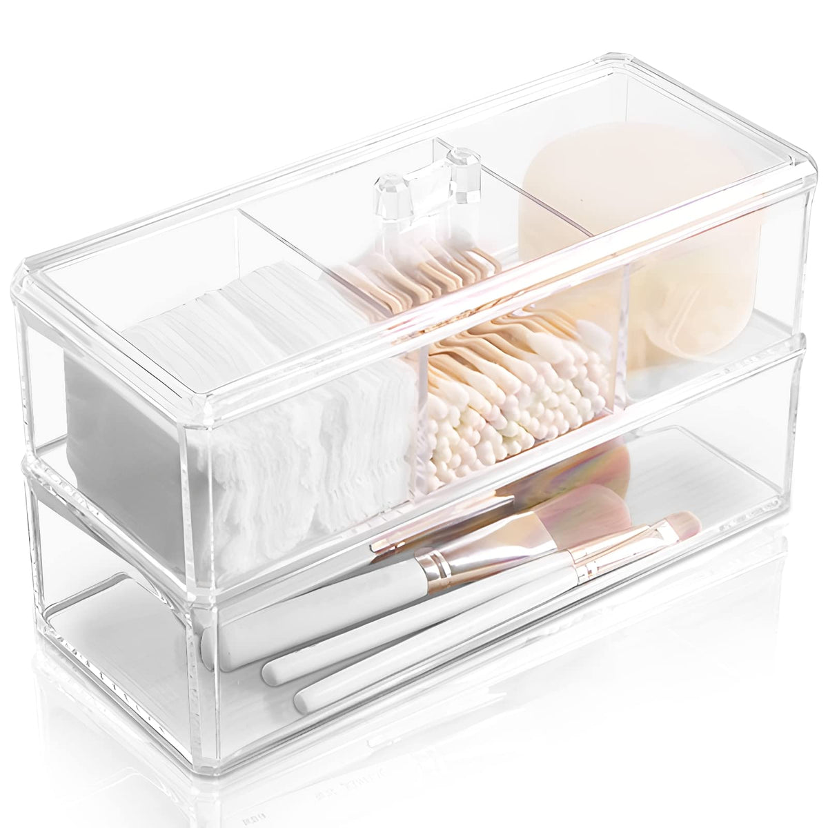 KIMCHOMERSE Qtip Holder Dispenser, 2Layer Cotton Ball Holder for Cotton Swab, Cotton Pad Container for Bathroom Vanity Countertop Storage, Drawer