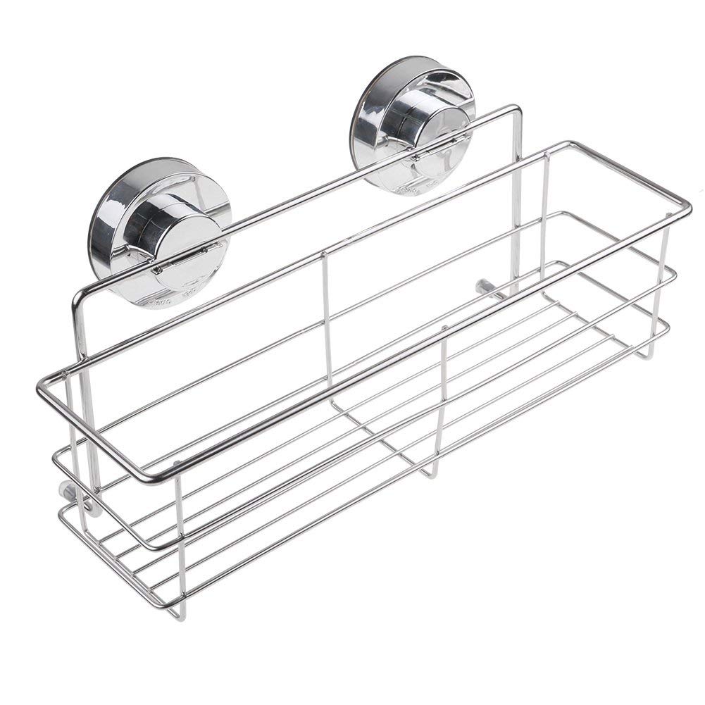 Strong Suction Shower Caddy Organiser Basket Bathroom Shelf Storage Wall Mounted SUS304 Stainless Steel Kitchen Rack No Drilling, Sliver ?11.8 x 3.2 x