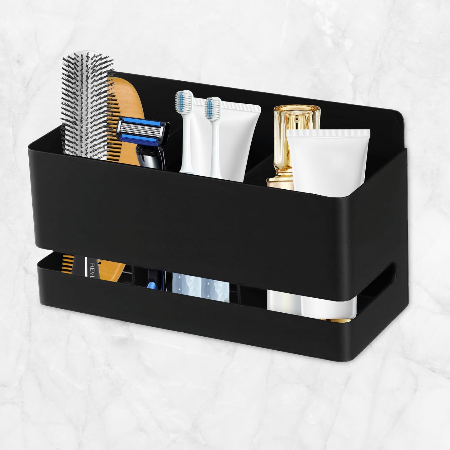 Aluminum Toothbrush Holders for Bathroom, Three slot Holder Self-adhesive Hanging Bracket with Drain, Holes Holder Stainless Steel Black for