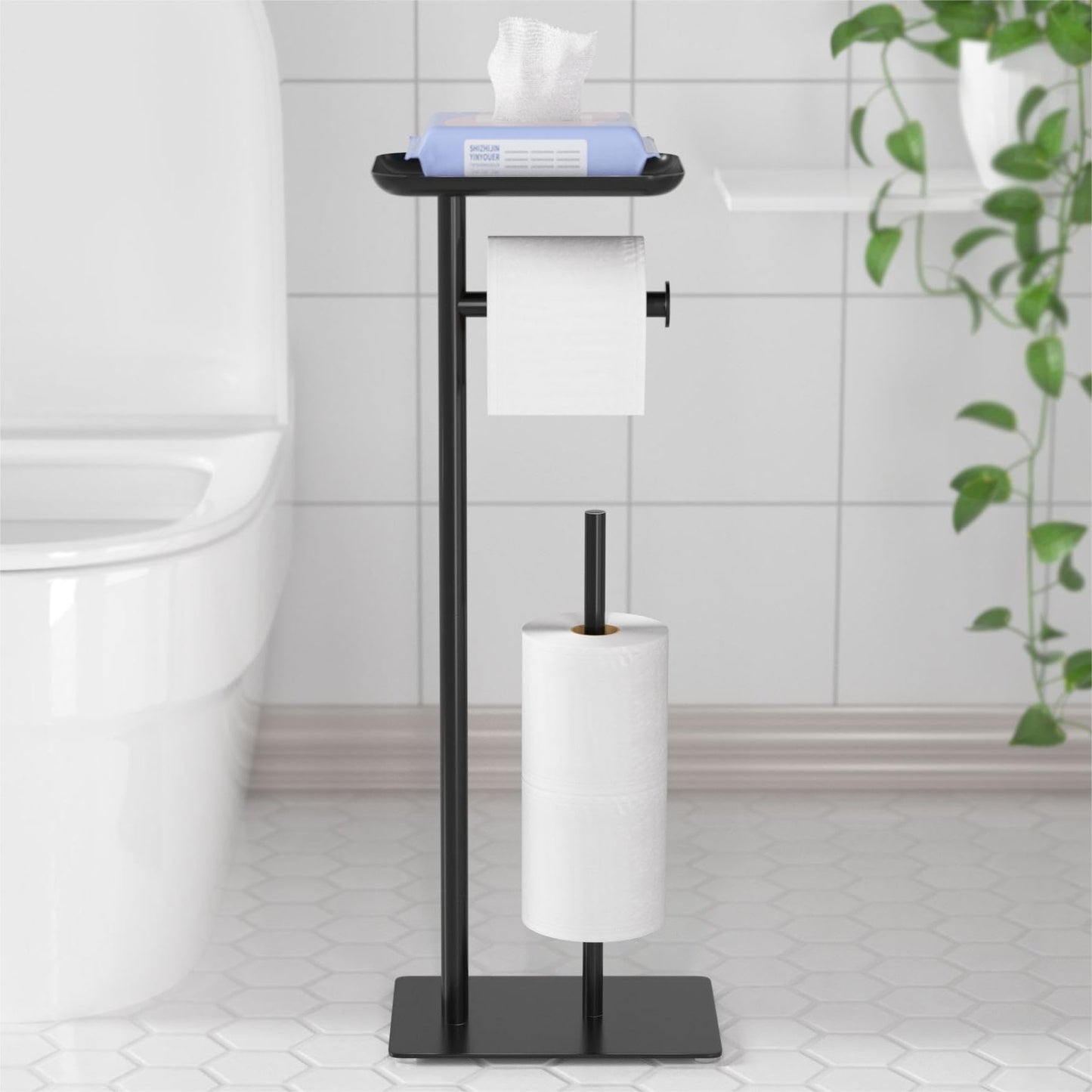Black Toilet Paper Holder Stand with Top Storage Shelf, Free Standing Floor Dispenser for 4 Reserve Rolls