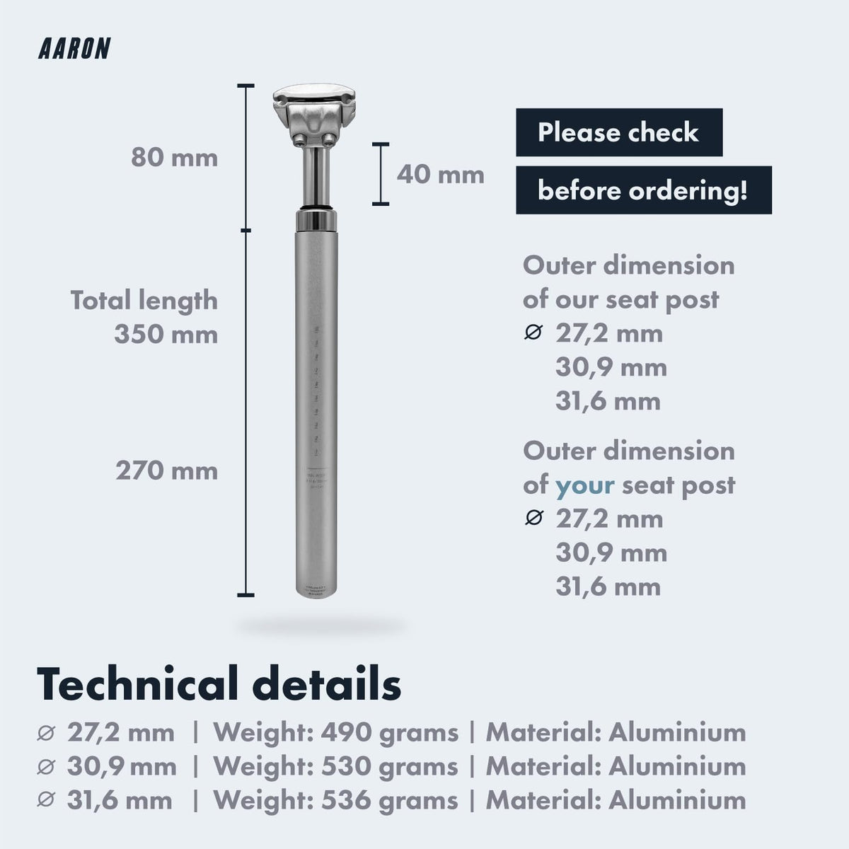 AARON - Spring Suspension Bike Seat Post - Aluminum Saddle Seatpost for E Bicycle, MTB, Trekking Bikes, City Bikes - 30.9mm Diameter, 13.8" (350mm)