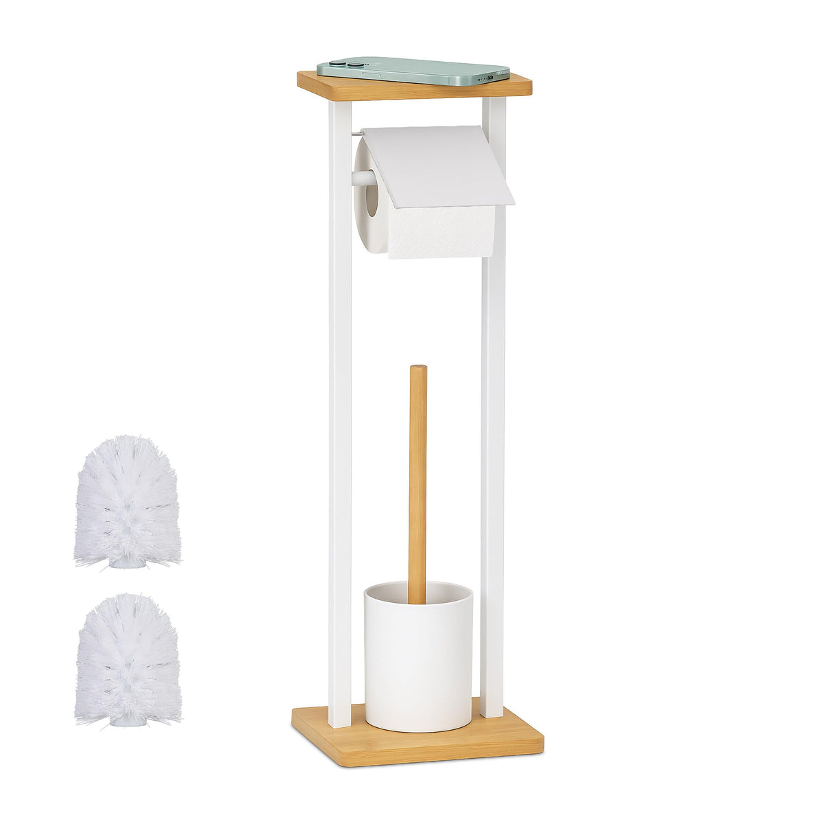 Relaxdays toilet set, shelf, freestanding, HWD: 73.5x20x20 cm, 2 replacement brushes, roll holder & brush, white/natural