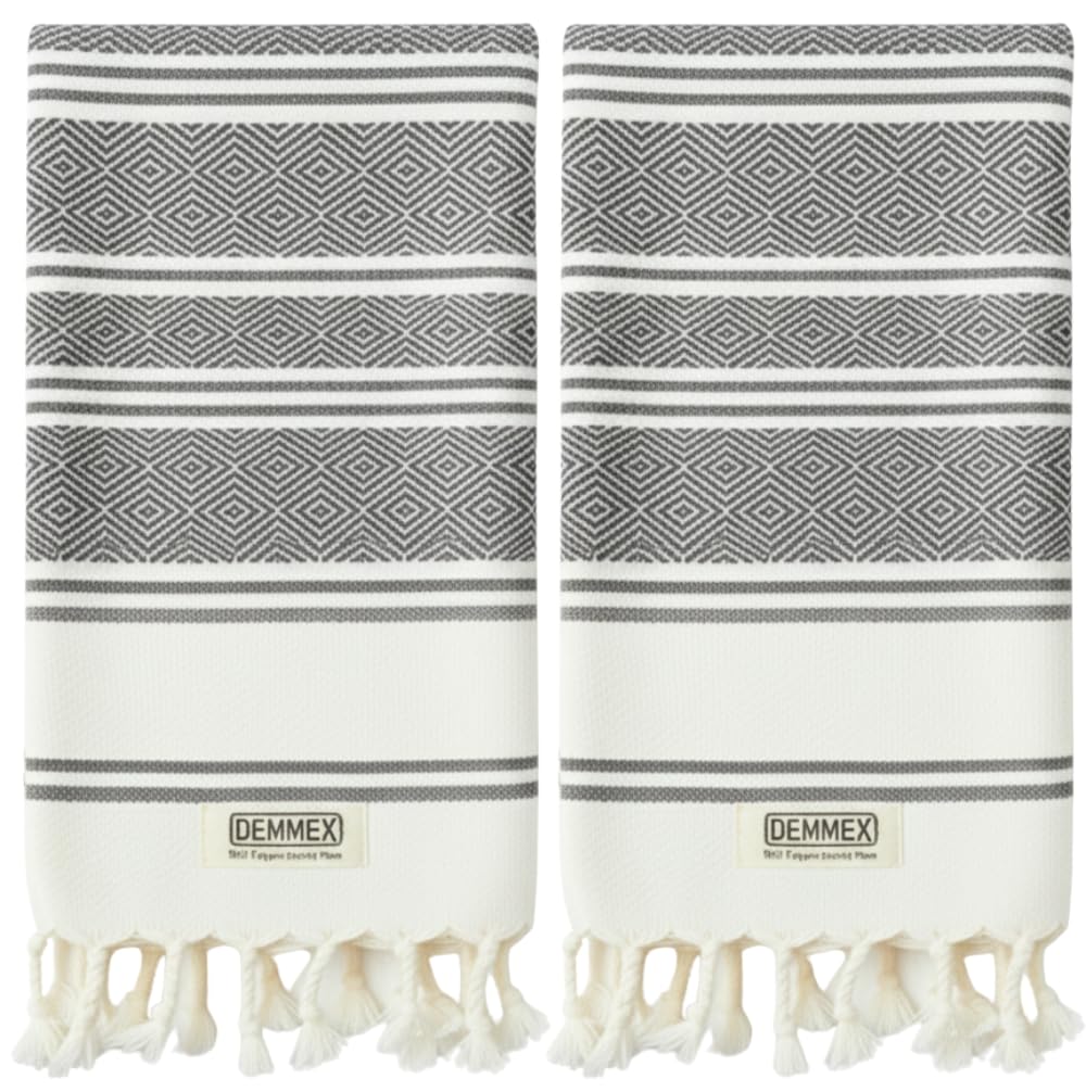 DEMMEX Organic Turkish Cotton Hand Towels Set of 2, Quick Dry Soft Diamond Weave, Absorbent Prewashed OEKO-TEX Bathroom Kitchen Towels 45x90cm (Dark