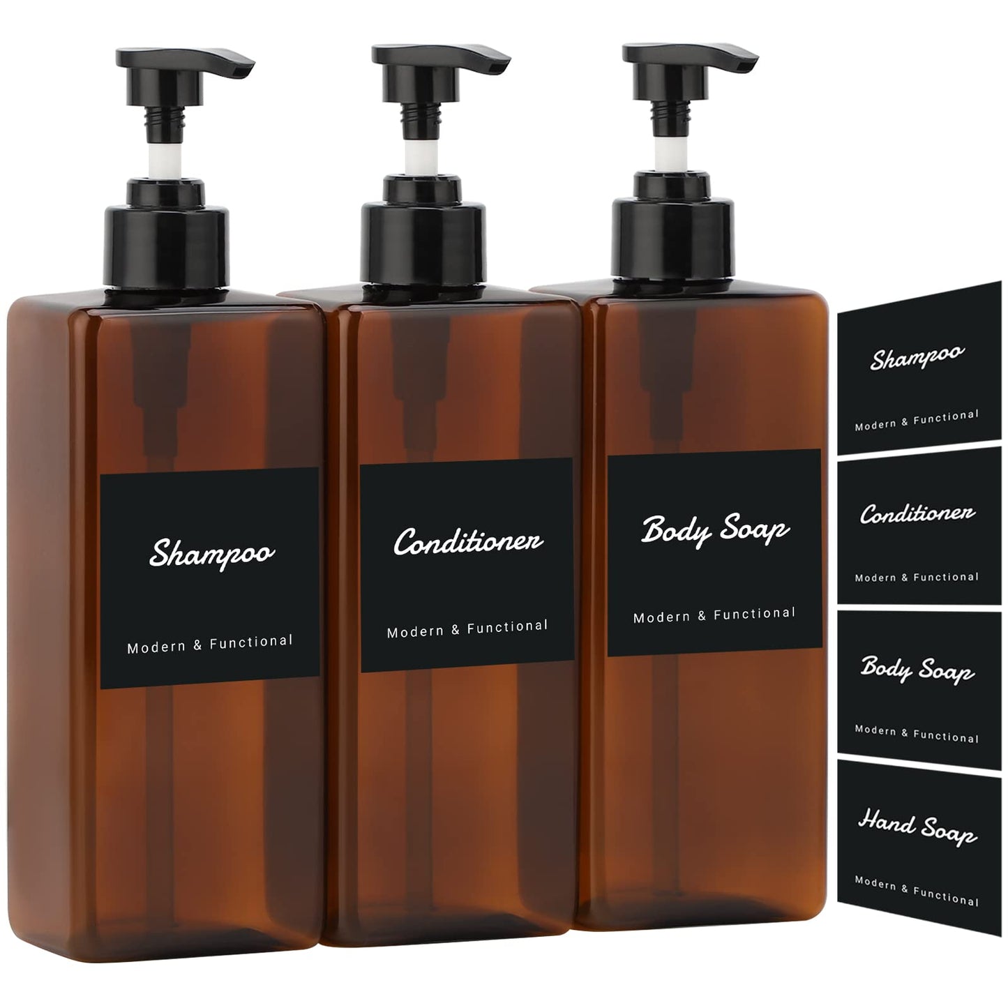 Segus Soap Dispenser, 3 Pieces 500ml Refillable Pump Dispenser, with Labels, Kitchen Soap Dispenser Set (Amber)