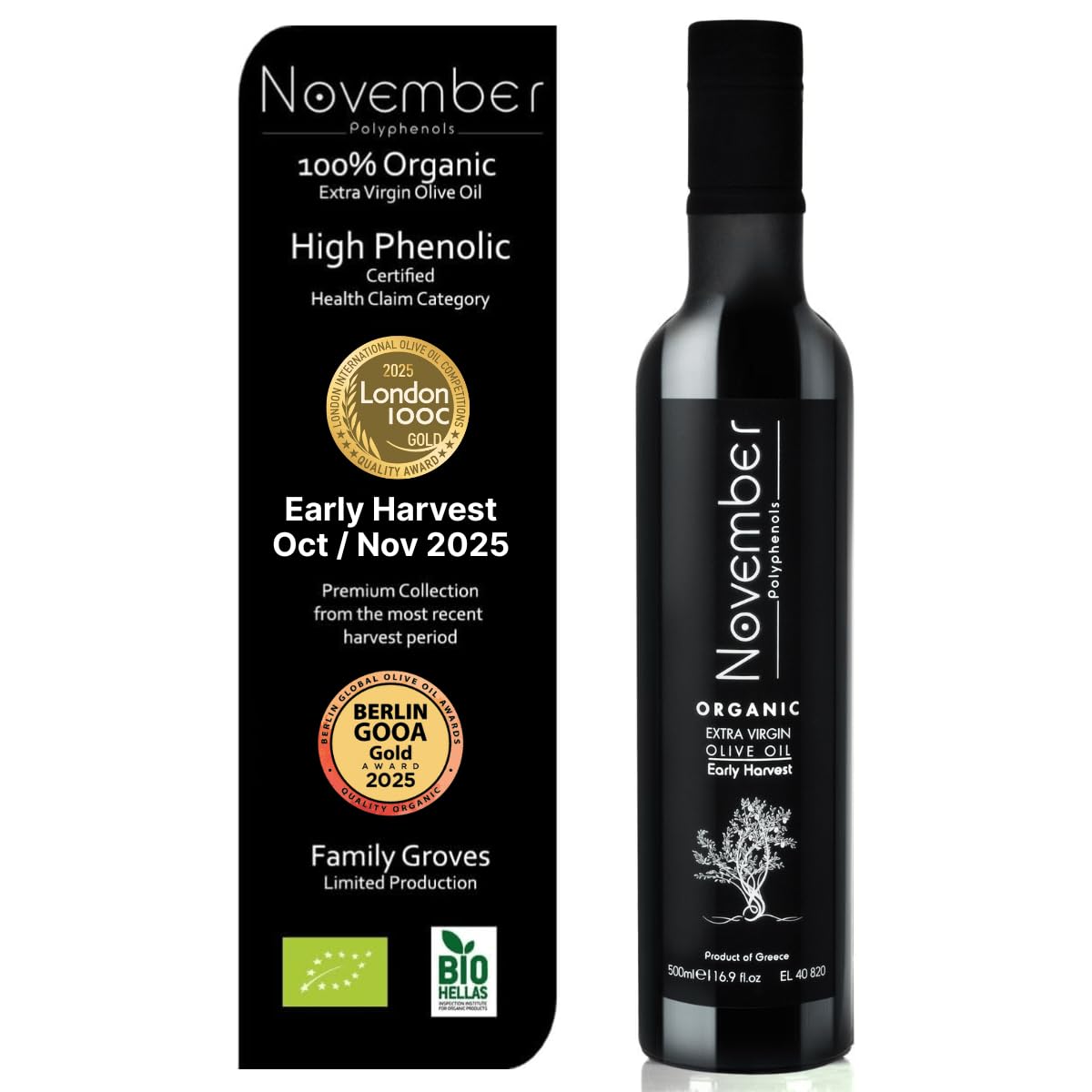 November Polyphenols Olive Oil Extra Virgin - Organic High Phenolic EVOO ? Early Harvest ? Lab Certified +1200mg/kg High Polyphenol ? Cold Pressed