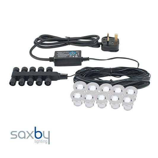 Pack of 10 x Saxby Ikon 30mm Round Polished Stainless Steel Bathroom IP67 Outdoor Recessed Garden Decking Daylight White LED Light Kit