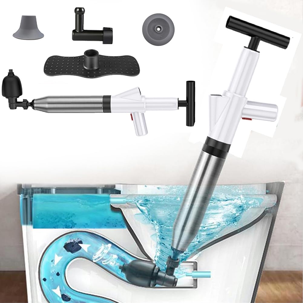 WCIC Heavy Duty Drain Unblocker Kit with 4 Replaceable Heads - High Pressure Plunger for Blocked Toilets, Sinks, Bathtubs, Floor Drains & Pipe Clogs