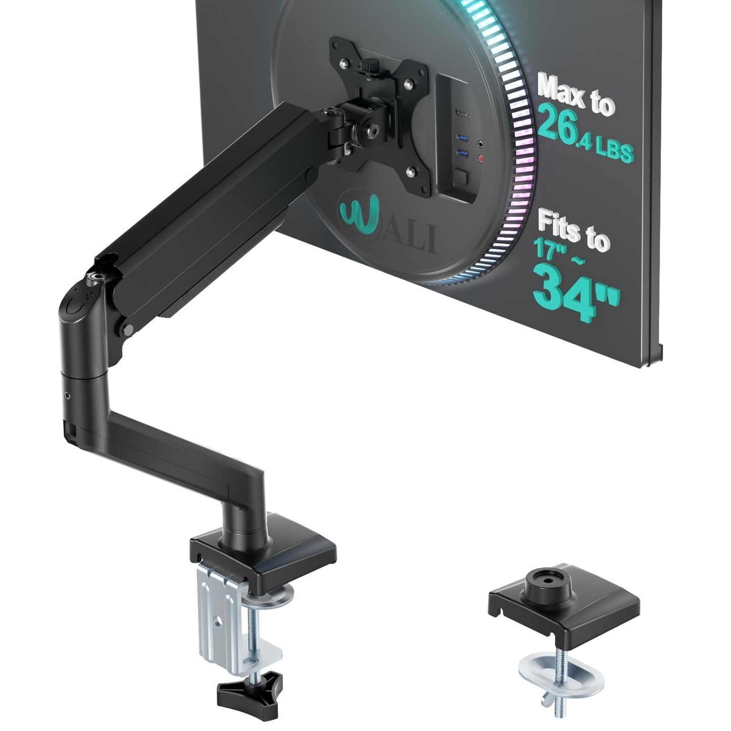 WALI Single Monitor Arm for 17-34 inch Screens, Ergonomic Gas Spring Monitor Arm Desk Mount up to 12 kg, Adjustable Computer Monitors Stand with Clamp
