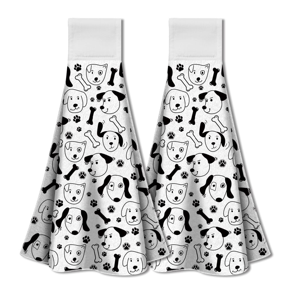 WADORN 2Pcs Black and White Dog Hand Towels with Hanging Loop, Soft Absorbent Animal Footprint Cartoon Kitchen Towels Cute Puppy Pattern Dish Cloths
