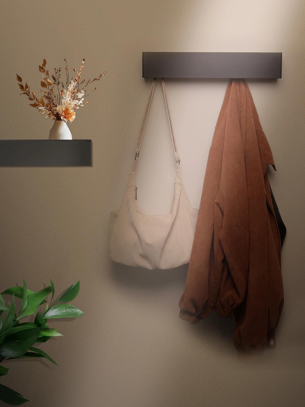 WJUAN Wall Mounted Coat Rack with Shelf, 5-Hook Coat Hook Rail, Space Saving Jacket & Scarf Holder for Hallway, Bedroom, Matte Black