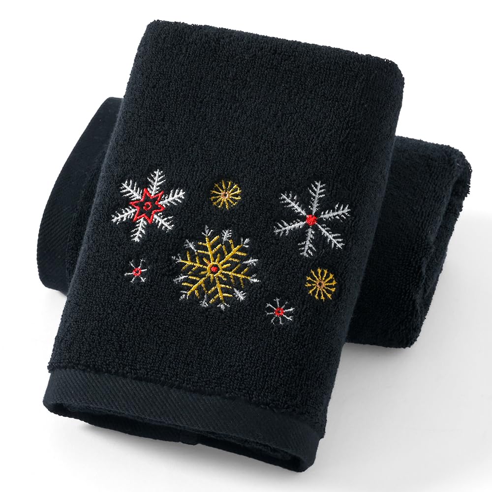 sense gnosis Black Hand Towel Set of 2 Snow Embroidered 100% Cotton Thick Ultra Soft Highly Absorbent Luxury Hand Towels for Bathroom Christmas