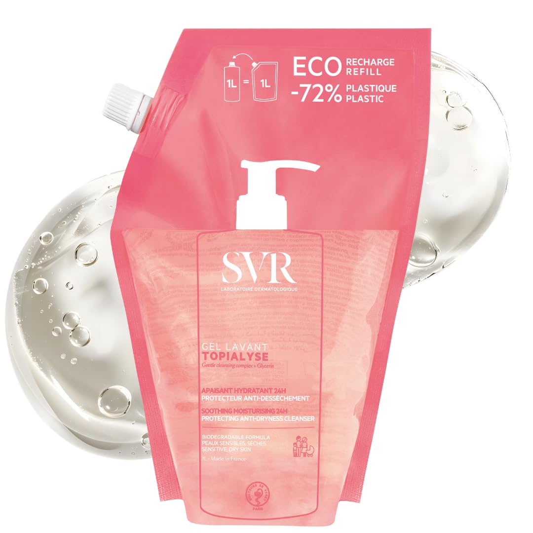 SVR TOPIALYSE Soothing Gentle Gel Wash for Face and Body, 24hr Hydrating Protective Bath/Shower Cleanser for Dry Sensitive Skin, Eco-Refill 1L?