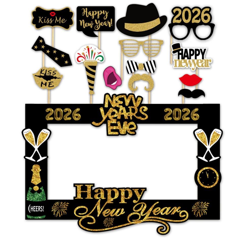 SWSATYW 2026 Happy New Year's Eve Party Decoration Photo Booth Props Supplies with Paper FramePack of 15