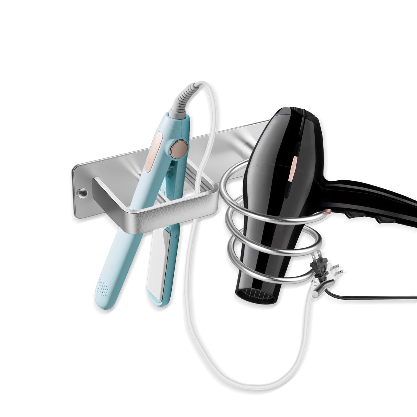 OlBuWa Wall Mounted Hair Dryer Straightener Organizer Storage Rack Aluminum Spiral Shelf with Cable Tidy for Bathroom & Dressing Table (Silver)