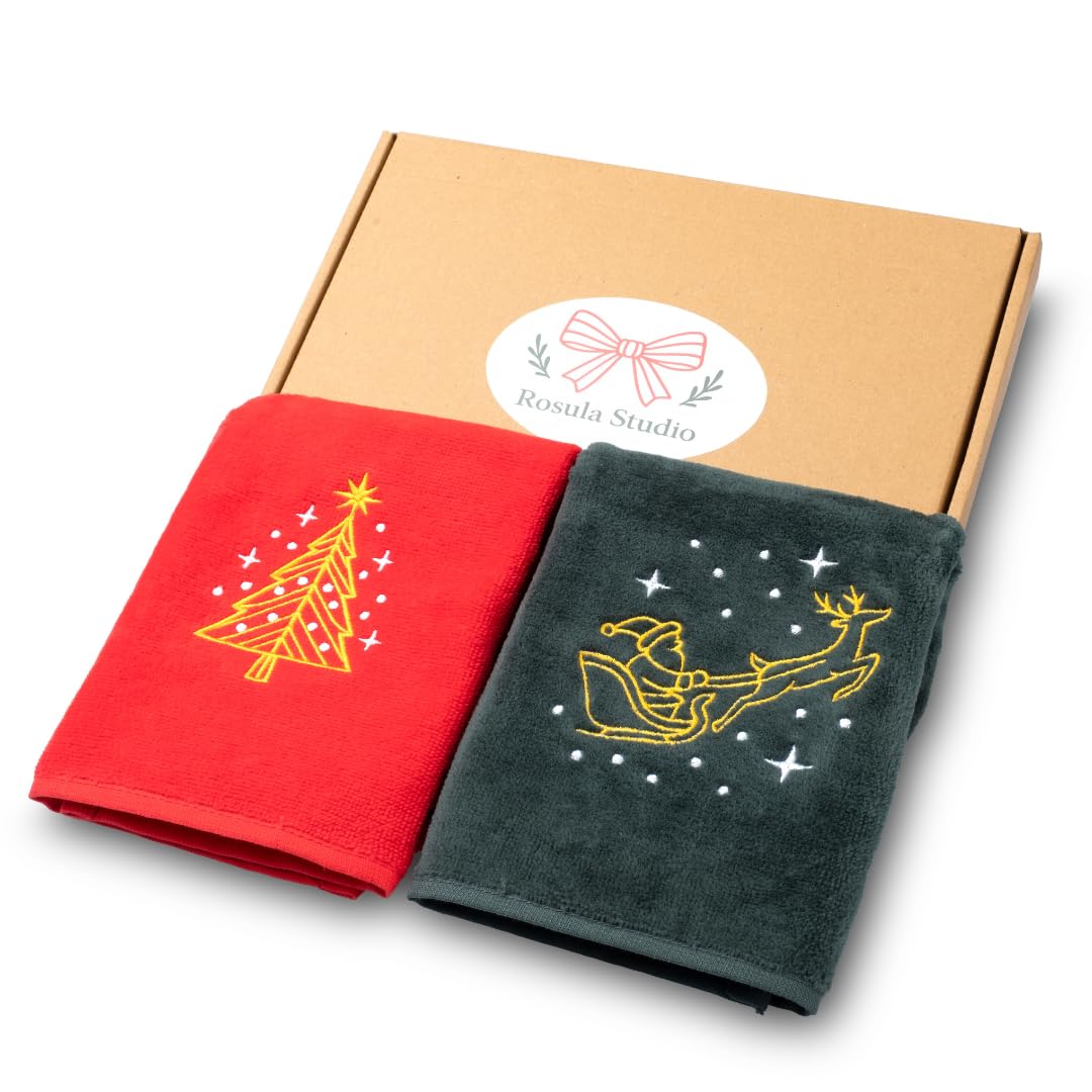 Rosula Studio Christmas Towels Gift Set ? 2 Pack Red & Green Embroidered 500gsm Cotton Velour Hand Towels 40?50 cm ? Premium Gift Boxed Holiday