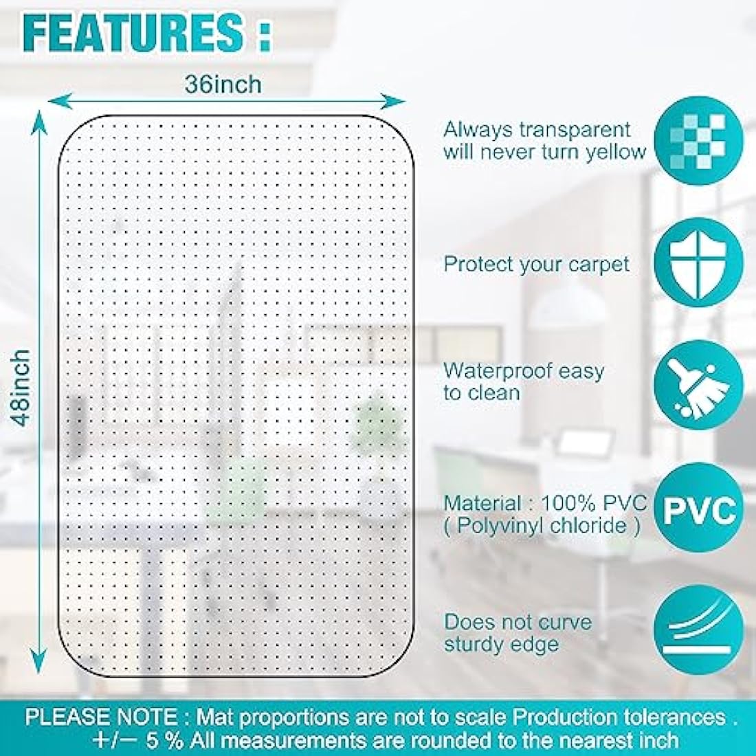 BesWin Office Chair Mat for Carpet, 90 x 120 cm Transparent Plastic Carpet Protector for Low Pile Carpets, 2.2mm Thick Non-Slip Desk Chair Mat for Carpeted Floors, Easy Glide and Flat Without Curling