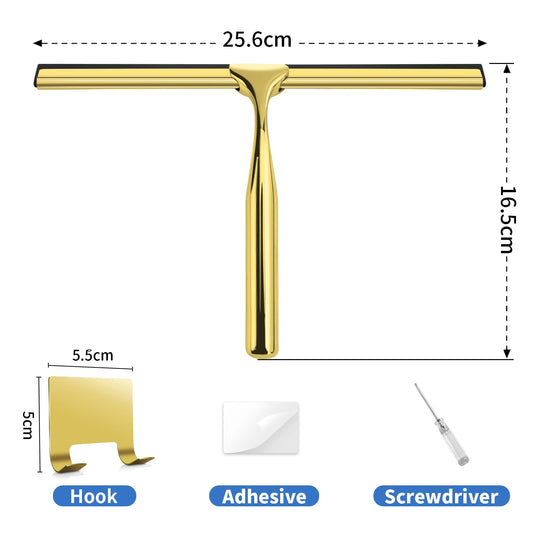 Suimlmta Shower Squeegee Gold 10Inch Window Bathroom Squeegee Metal Shower Screen Wiper with Hook Window Scraper Cleaner for Shower Glass Door