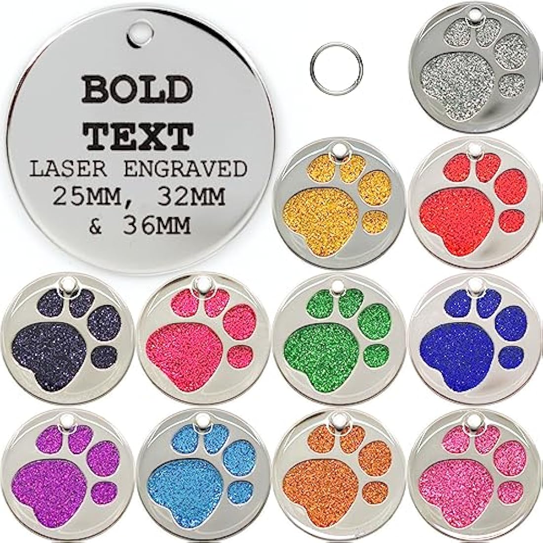 Personalised Engraved 25, 32 & 36mm Glitter Paw Print Pet Tag. Bold Contrasting Text. Small, Medium & Very Large CAT/Dog ID Tags (Black, 32mm)