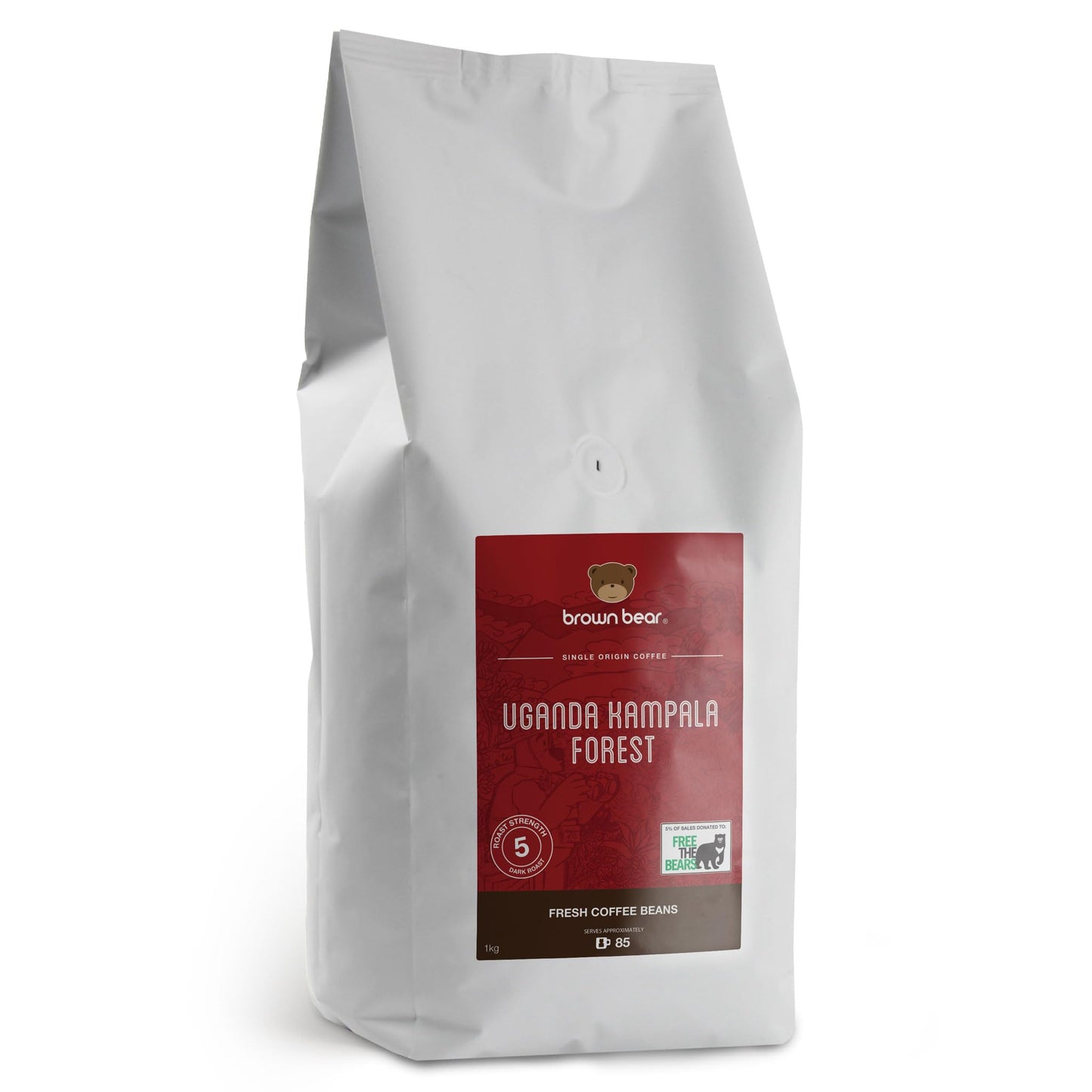 Uganda Coffee Beans 1kg - Very Strong Dark Roast Ugandan Robusta - Brown Bear - For All Coffee Machines - Strength 5 - Donation to Free The Bears