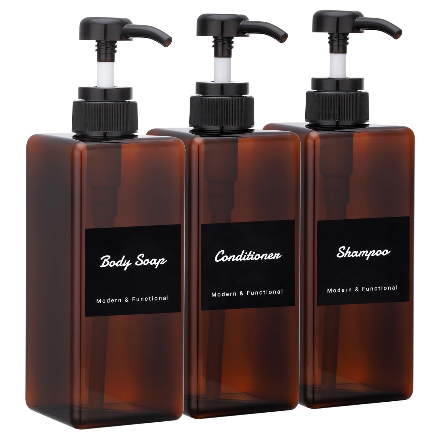 Segus Bathroom Dispenser Set, 3 Pieces 650ml Refillable Shower Gel & Shampoo Dispenser, Handwash Bottle in Plastic, Empty and Leakproof, Amber