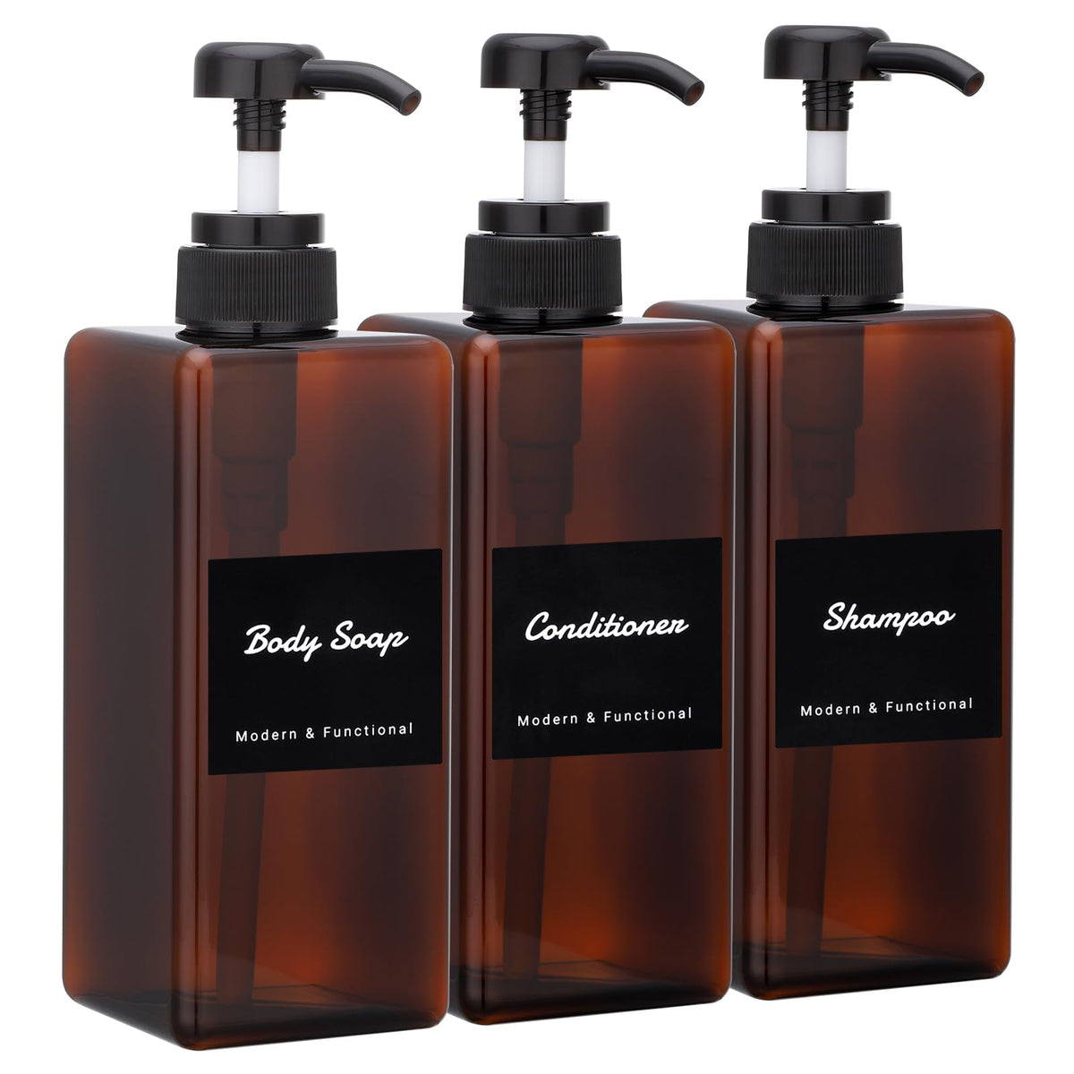 Segus Bathroom Dispenser Set, 3 Pieces 650ml Refillable Shower Gel & Shampoo Dispenser, Handwash Bottle in Plastic, Empty and Leakproof, Amber