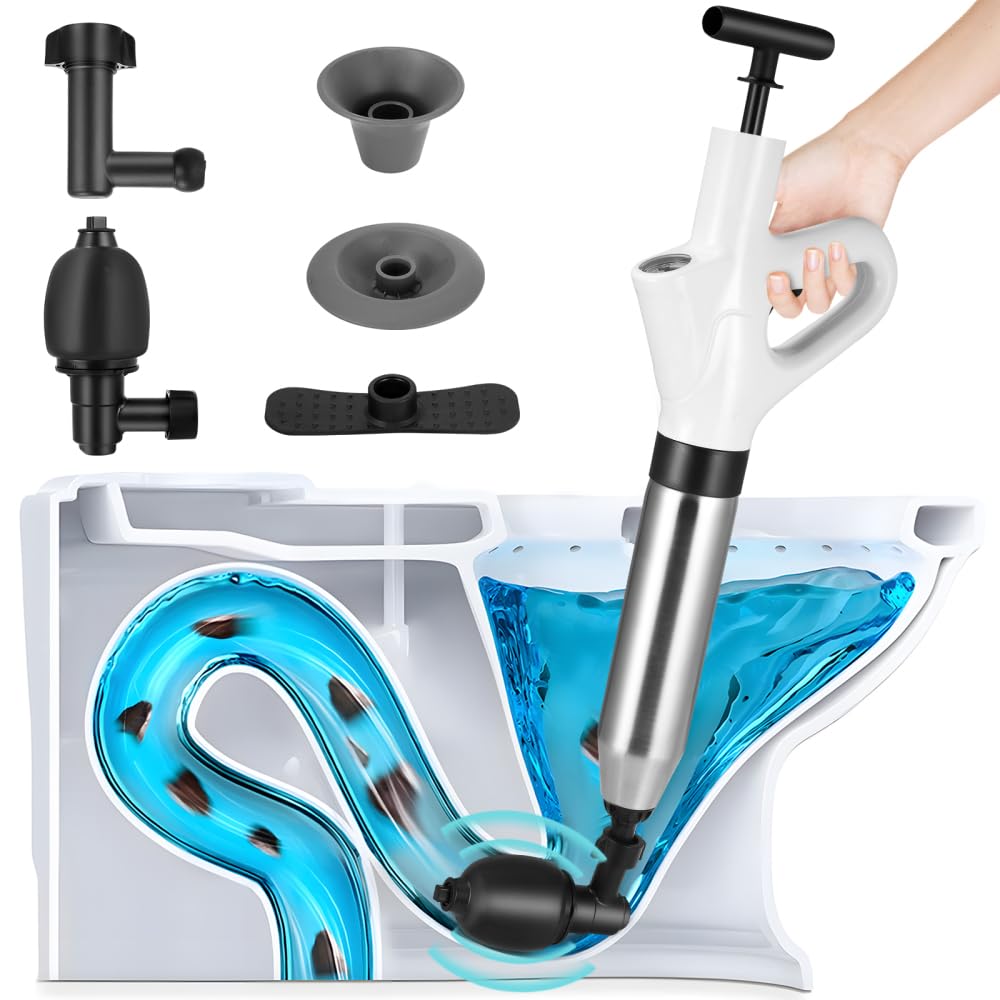 Toilet Plunger Unblocker Heavy Duty UK, High Pressure Plunger Kit with 4 Replaceable Heads and Inflatable Footbed for Unblocking