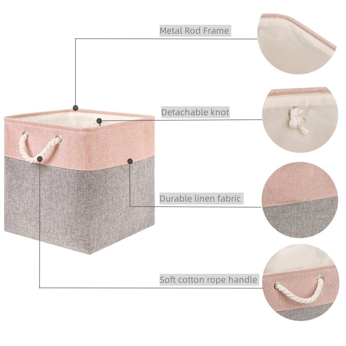 Mangata Canvas Storage Boxes, 30x30x30cm Fabric Storage Baskets for Shelves Organizing Clothes Nursery Home (Grey/Pink, Set of 4)