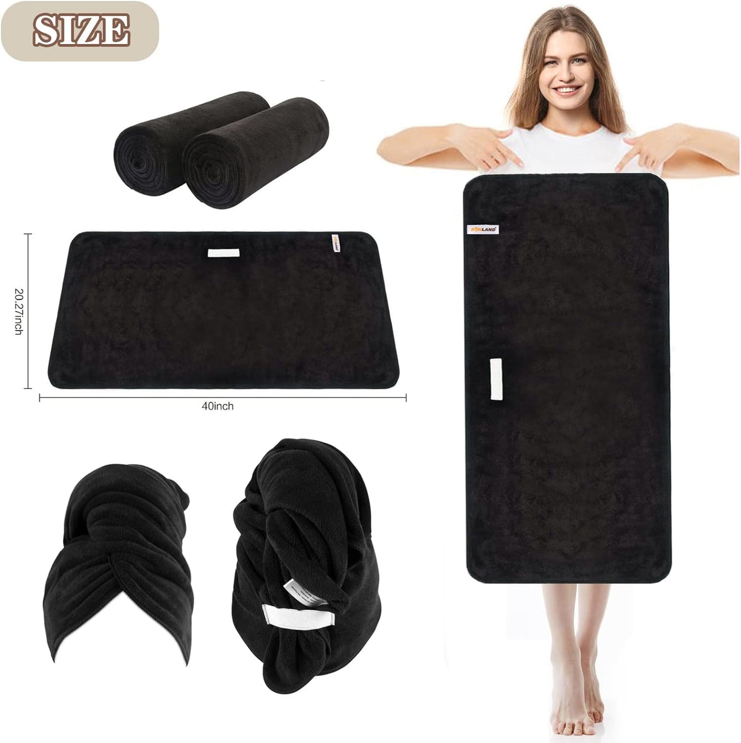 Sunland 2 Pack Super Absorbent Microfibre Drying Towels Quick Drying Magic Turban for Drying Long, Soft and Large Hair 50cm x 100cm Black