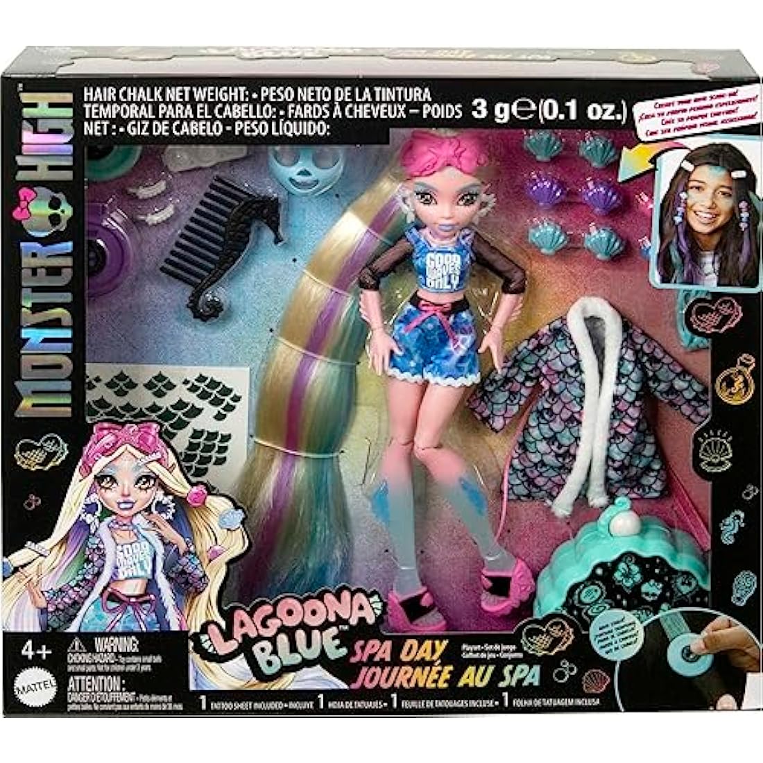 Monster High Doll, Lagoona Blue Spa Day Set with Wear and Share Accessories Like Hair Clips, Hair Chalk and Tattoos (HKY69)