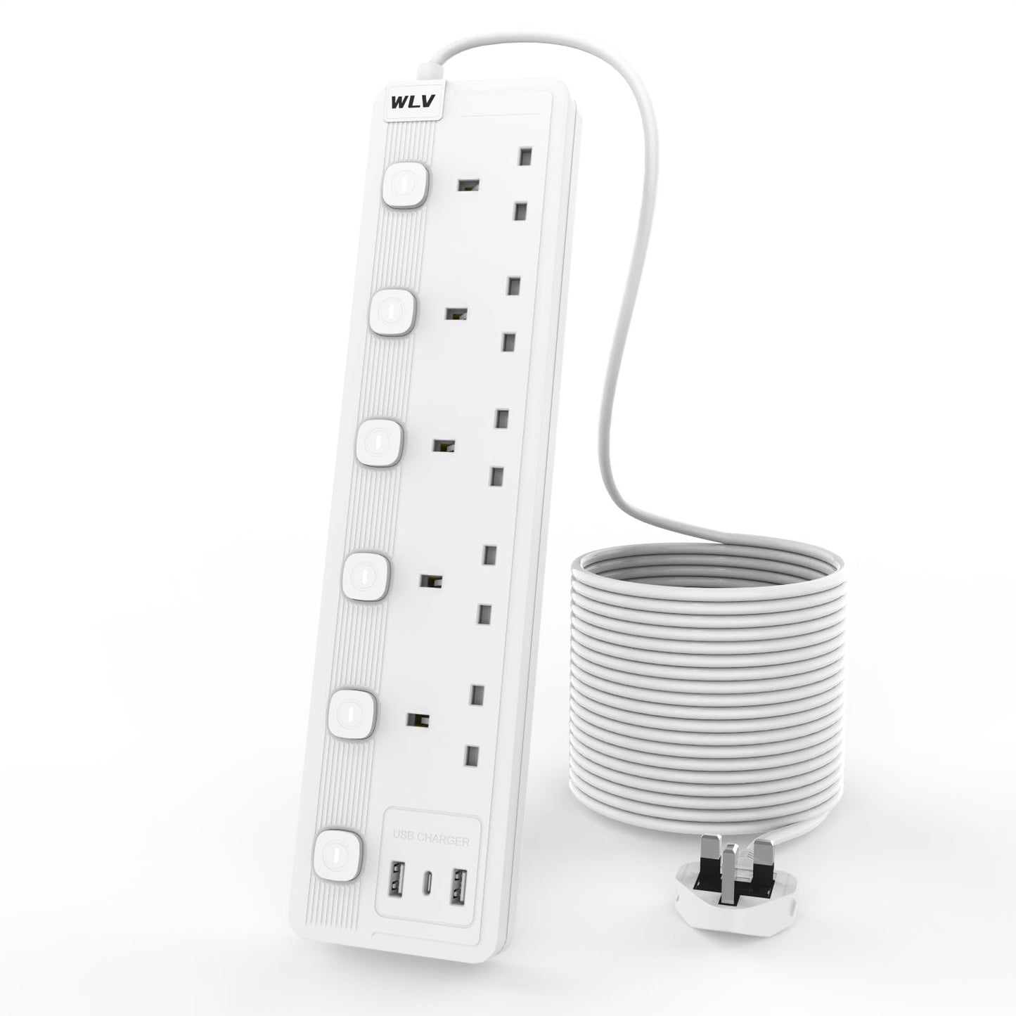 WLV 5M Extension Lead 5 Gang with 3 USB Slots, White 13A Fuse Extension Lead with Individually Switch, Wall Mounted Power Strip for Dorm, Kitchen,