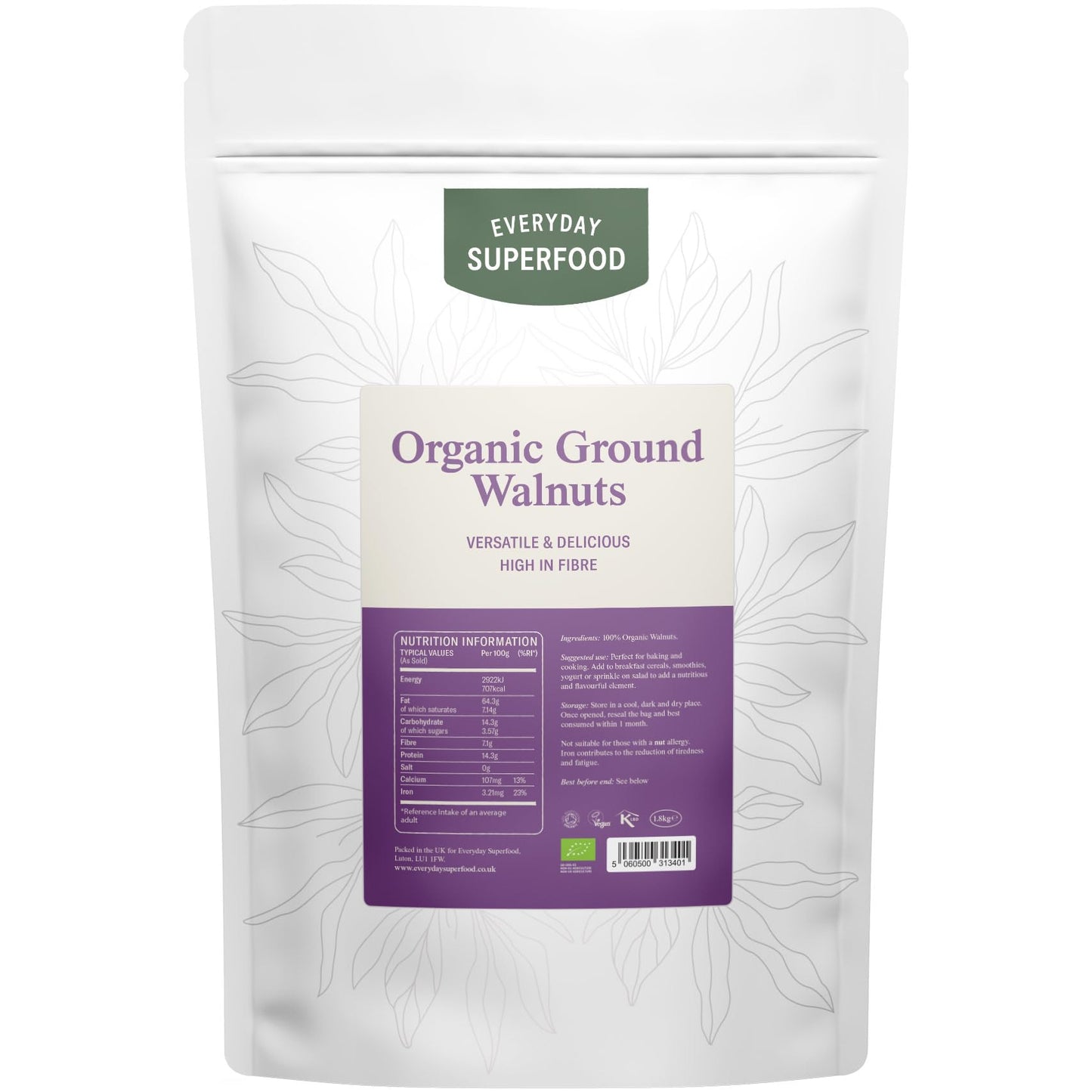 Everyday Superfood Organic Ground Walnuts 1.8kg, Raw Grated Walnuts Ideal for Baking, Vegan and Kosher