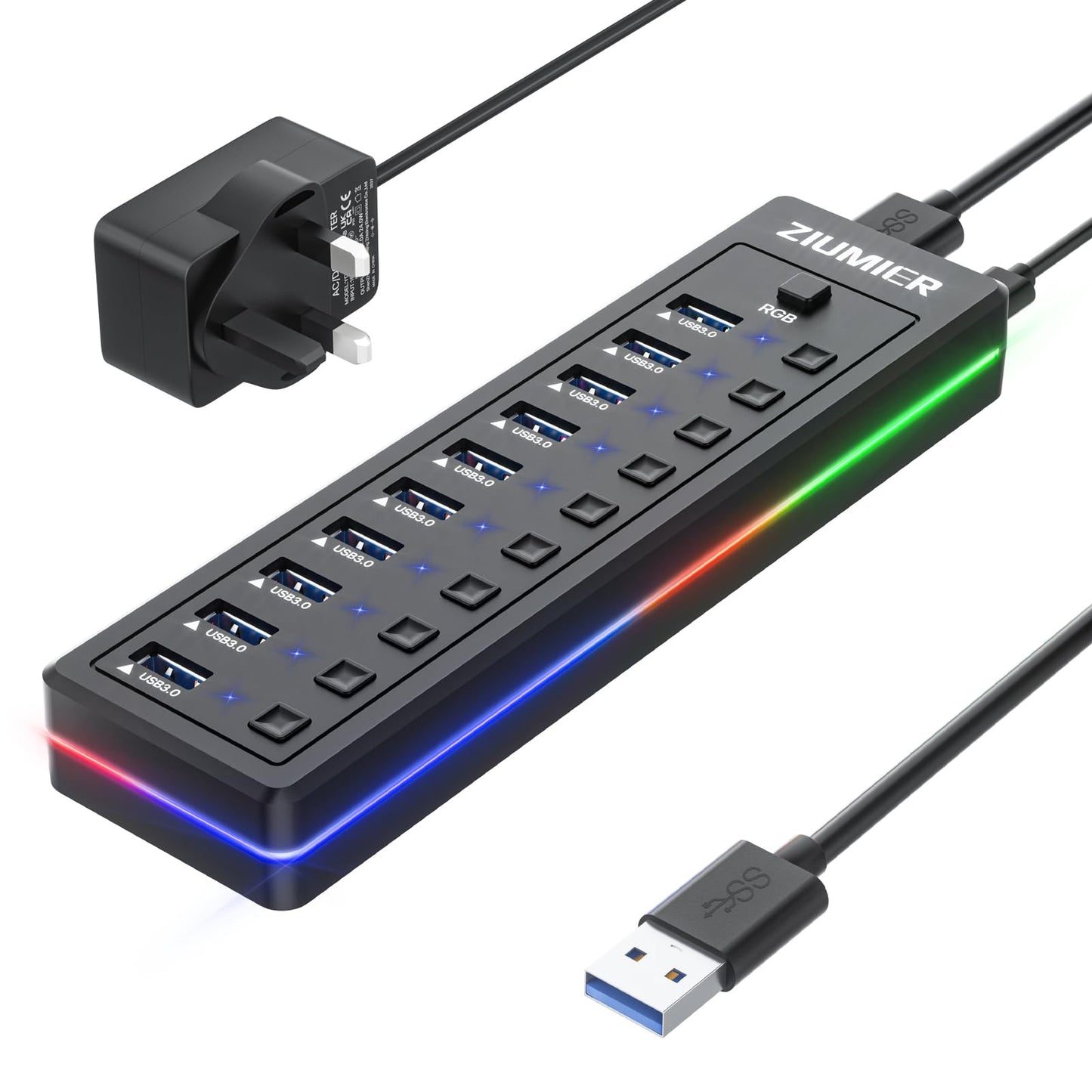 Powered USB 3.0 Hub, 10-Port USB Hub with RGB LED Strip -5Gbps Data Transfer,Individual LED On/Off Switches and 12V/2A Power Adapter for Laptop, PC,