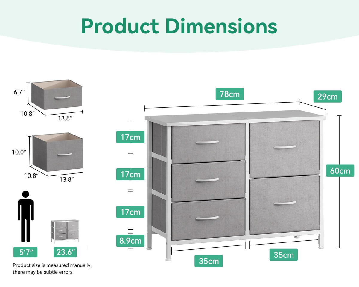 Coleshome Small Chest of Drawers Bedroom with 5 Fabric Drawers, Light Gray