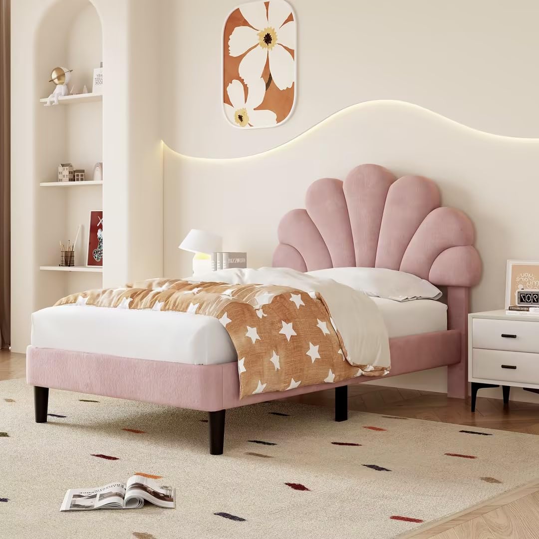 BTM Single Bed, 3FT-90x190cm Upholstered Single Bed Frame, Petal-like Velvet Bed with Height-adjustable Headboard & Solid Wood Slat, Pink Single Bed