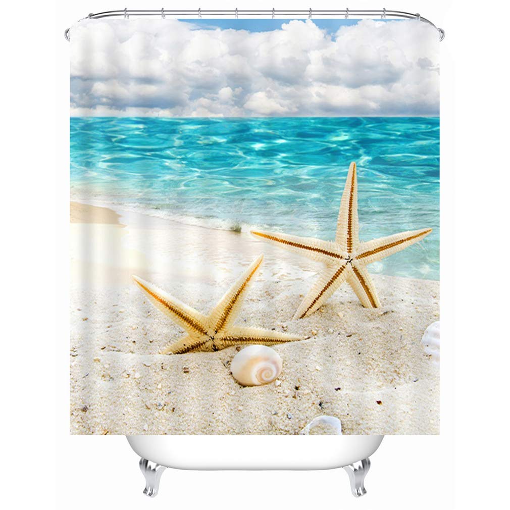 X-Labor Beach Motif Shower Curtain Waterproof Fabric Anti-Mould Includes 12 Shower Curtain Rings Washable Bath Curtain 240 x 200 cm Pattern B