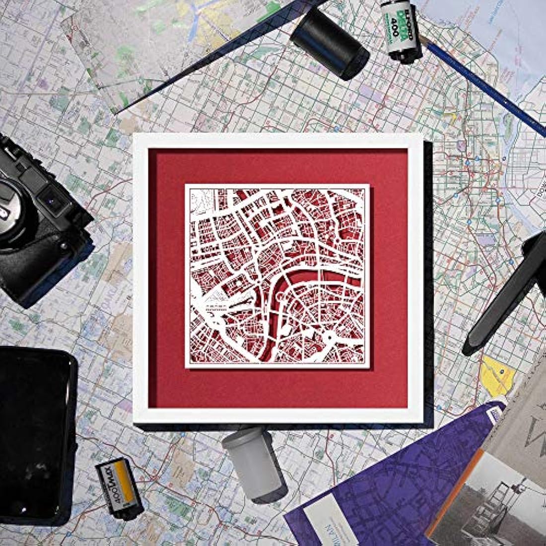 O3 DESIGN STUDIO Boston Paper Cut Map framed, White map, White frame, 9x9 inches, Gift Boxed, 4 background color, self-changing, Paper Art