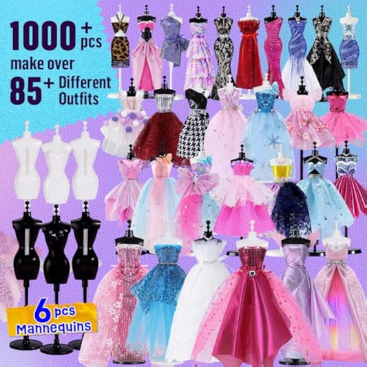 1000+Pcs - Fashion Designer Kit for Girls with 6 Mannequins- Creativity DIY Arts & Crafts Kit Learning Toys Sewing Kit for Kids- Teen Girls Kids Birthday Easter Gift Present Age 6 7 8 9 10 11 12+