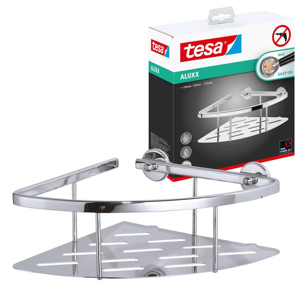 tesa Aluxx Corner Shower Caddy, high Gloss Chromed Aluminum, self-Adhesive, Adhesive mounting Technology, 92mm x 250mm x 125mm